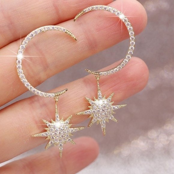 *NEW Silver/Gold Diamond Moon Star Drop Earrings - Picture 3 of 6